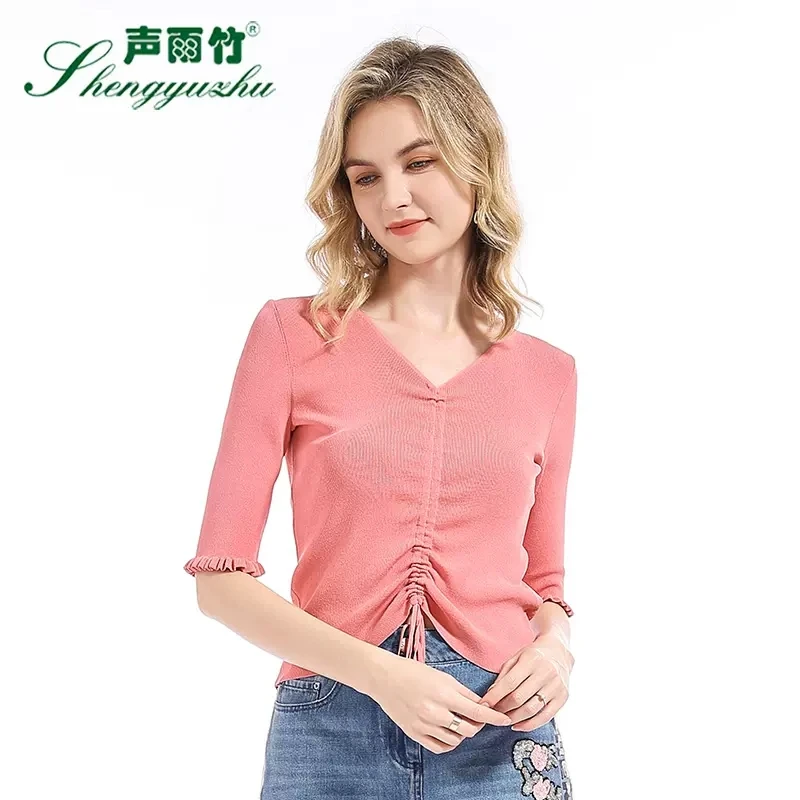 Shengyuzhu/声雨竹短款轻薄小V领抽绳显瘦针织衫新款纯色百搭上衣