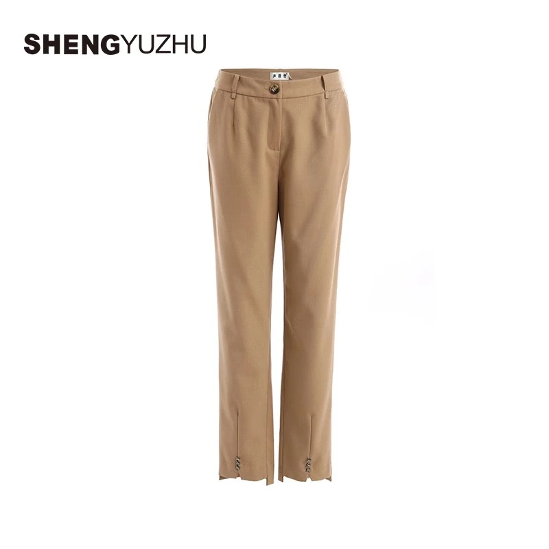 Shengyuzhu/声雨竹休闲裤女士薄款镶钻商场同款直筒裤卡其色时尚