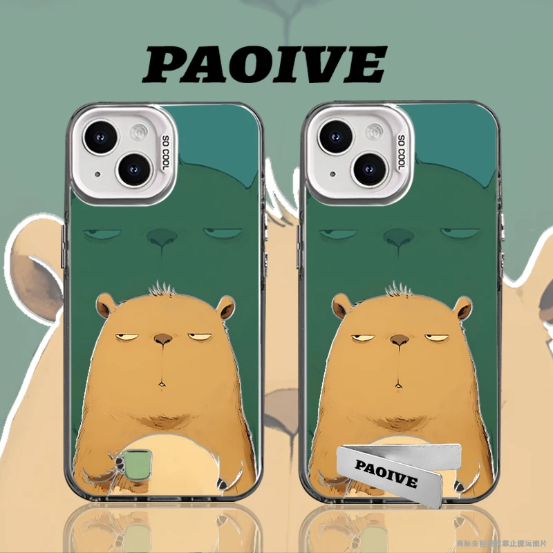 喝茶卡皮巴拉适用创意小众苹果16华为一加op小米手机防摔壳Paoive