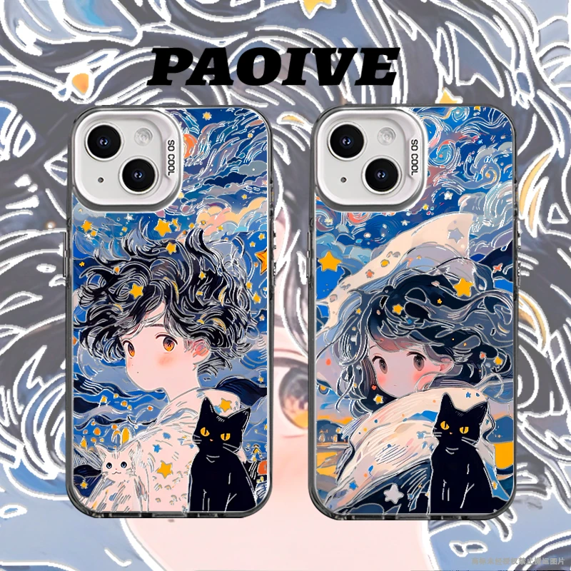 男孩女孩和黑猫适用创意可爱萌苹果华为一加小米手机防摔壳Paoive