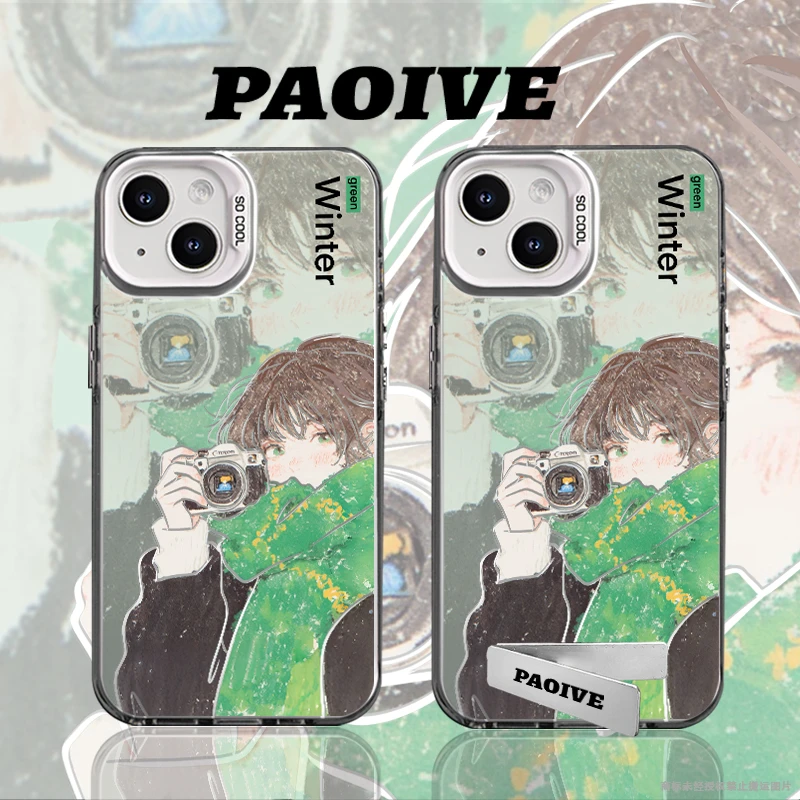 绿色相机女孩适用创意小众苹果16华为一加op小米手机防摔壳Paoive