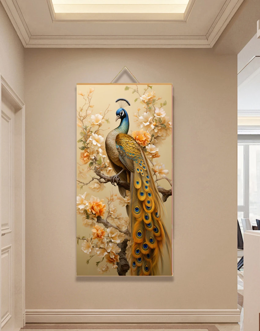 【333黄孔雀】60x120cm现代简约挂轴装饰画办公室家居装饰画