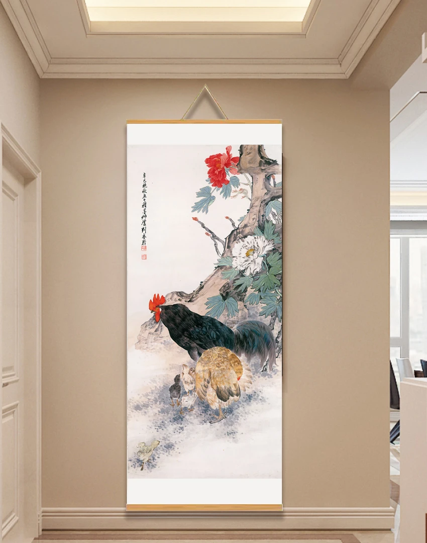 【253鸡鸣富贵图】60x150cm现代简约挂轴装饰画办公室家居装饰画