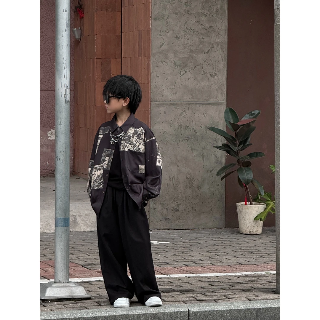 THE LUHAN【老旧胶片】秋款美式帅气宽松印花中大男童长袖衬衫24345