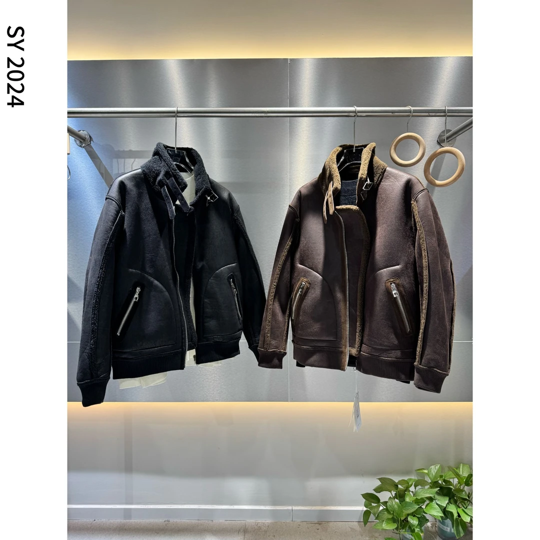 LEO【两面穿】皮毛一体机车户外风男士翻领宽松百搭加厚外套D-15