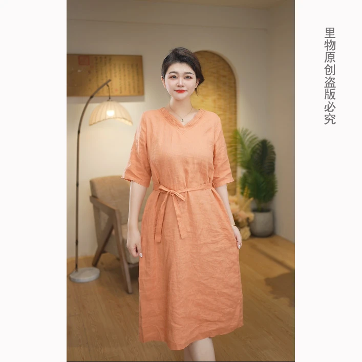 liwu/里物 166# 100%纯亚麻夏季V领文艺气质显瘦中长款女装连衣裙