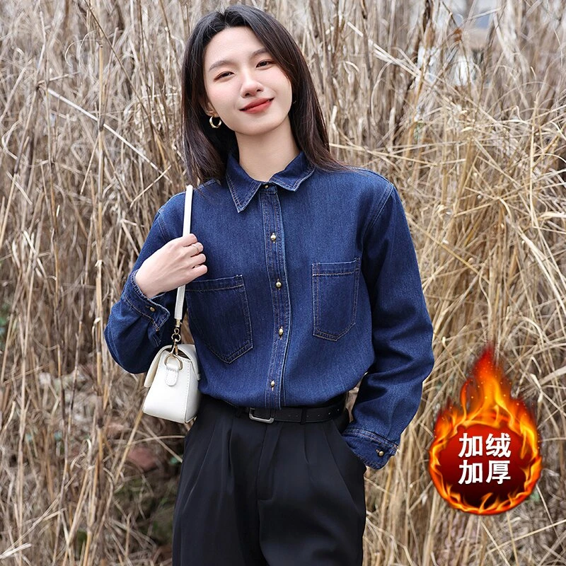 冬季加绒牛仔衬衫新款保暖舒适外套简约基础通勤牛仔蓝衬衫上衣女