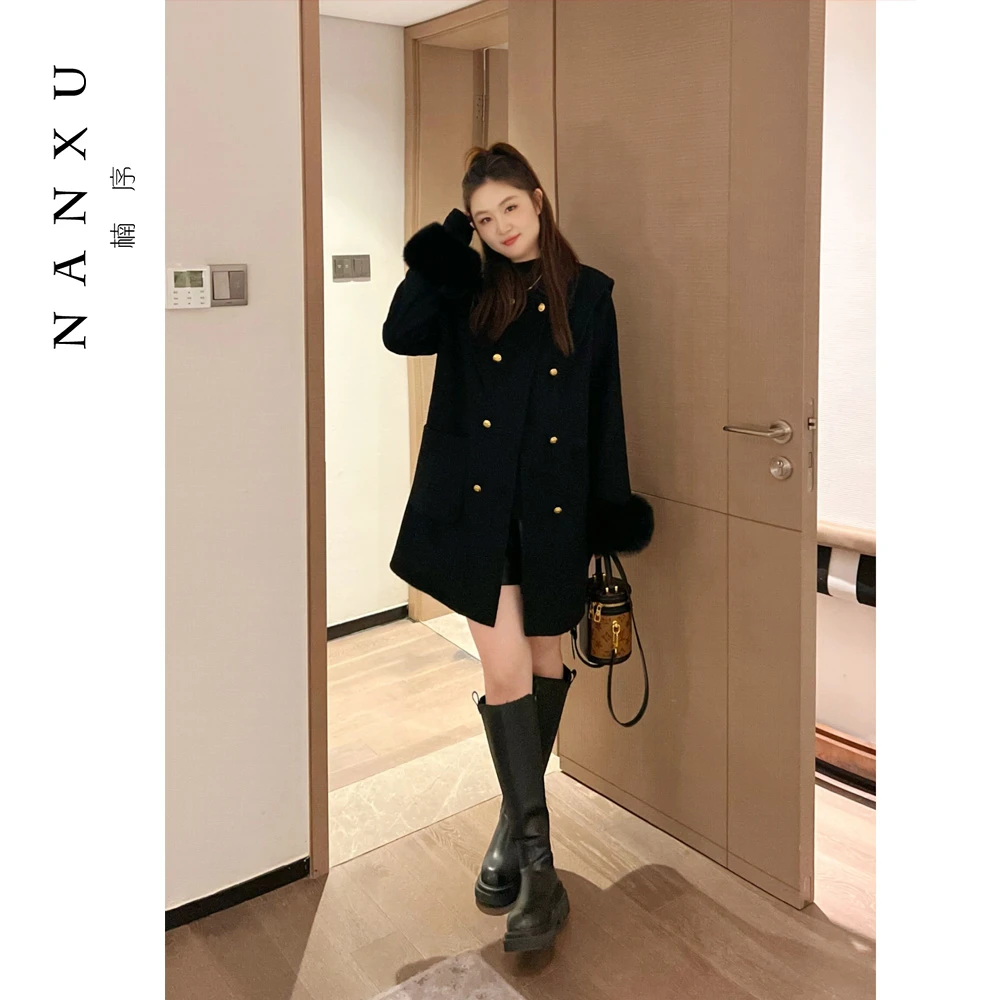 楠序胖mm大码女装 洋气休闲装时尚高级感黑色羊毛大衣女YZ33108