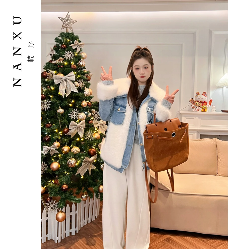NANXU/楠序胖mm大码女装 2024年秋冬拼接牛仔加绒短外套女YZ33177