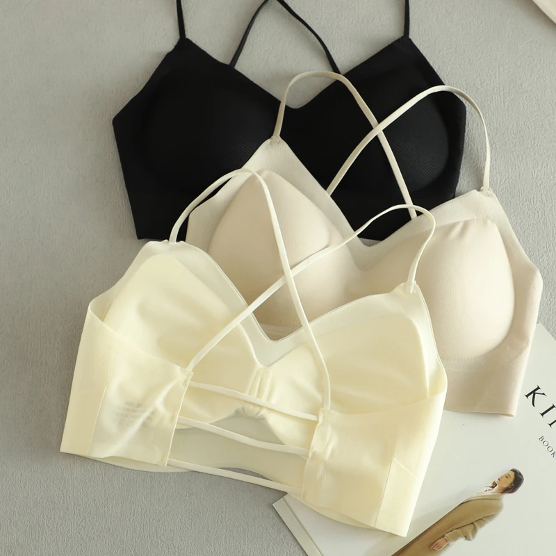 维多利亚美背内衣女夏季冰丝无痕无钢圈抹胸胸垫一体交叉镂空文胸