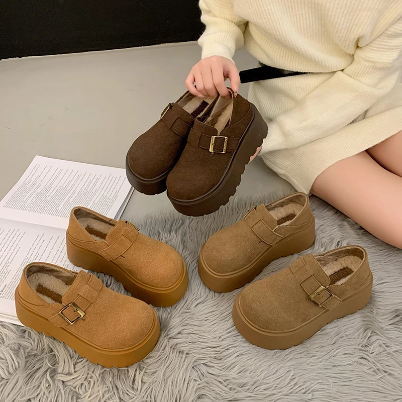 小个子松糕厚底全包勃肯鞋女2024年秋冬新款加绒增高一脚蹬单鞋