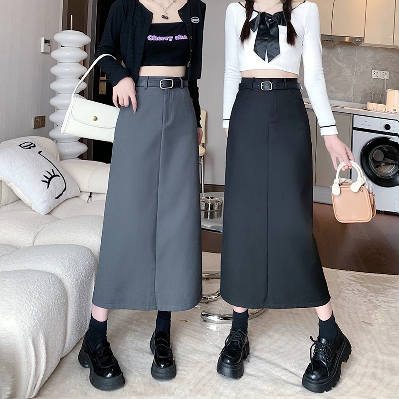 黑色西装半身裙女春秋设计感百搭高腰显瘦口袋开叉A字裙中长裙女