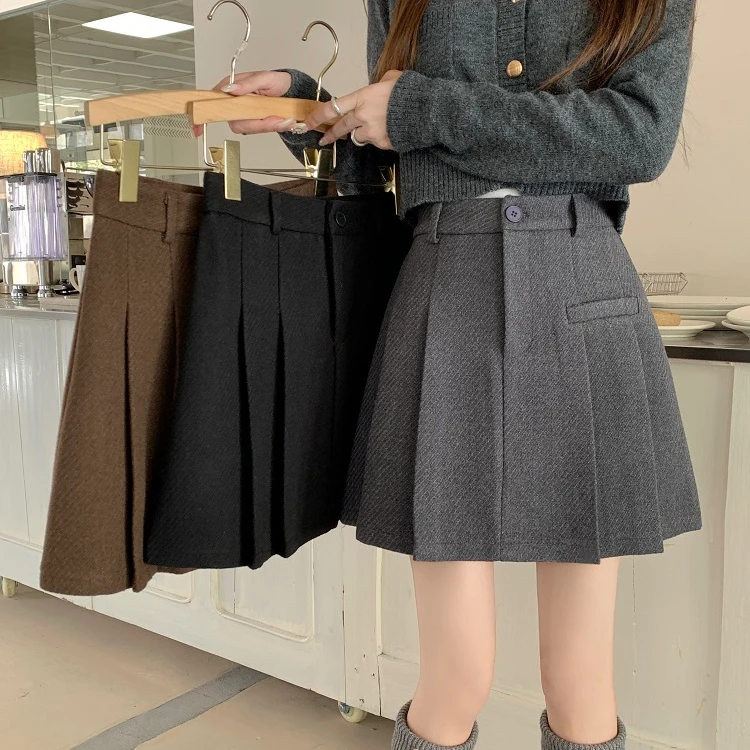 秋冬新款高腰加厚毛呢百褶半身裙女防走光裙子6015时尚A字短裙潮