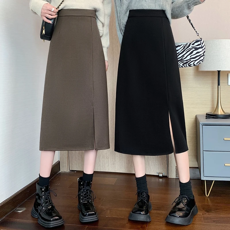 秋上新韩版A字裙高腰显瘦气质百搭黑色春季西装开叉半身裙中长裙