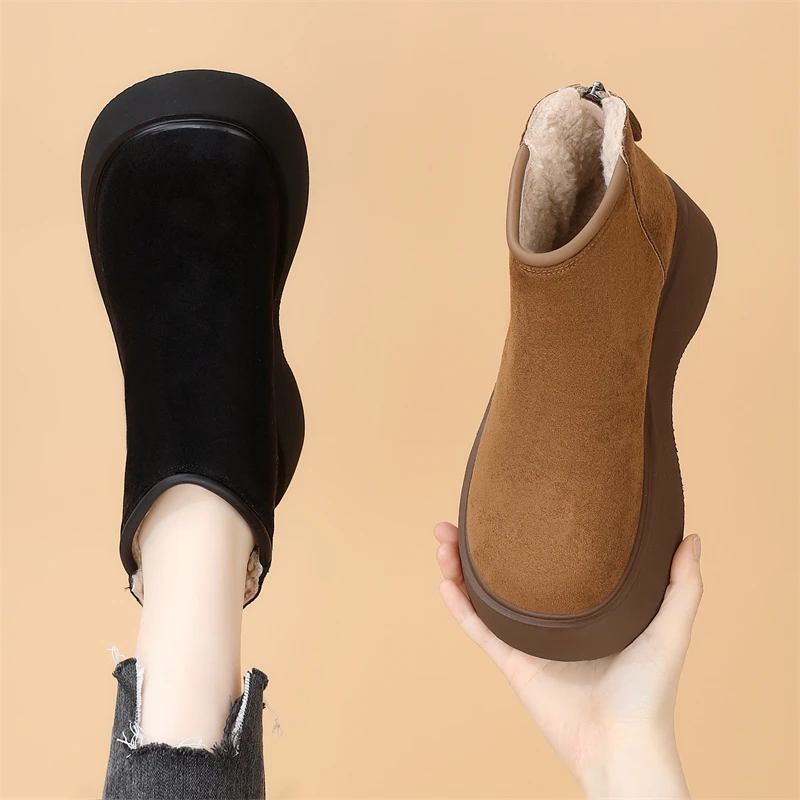 厚底磨砂短靴女2024秋冬新款软底后拉链小个子低帮大头加绒勃肯鞋