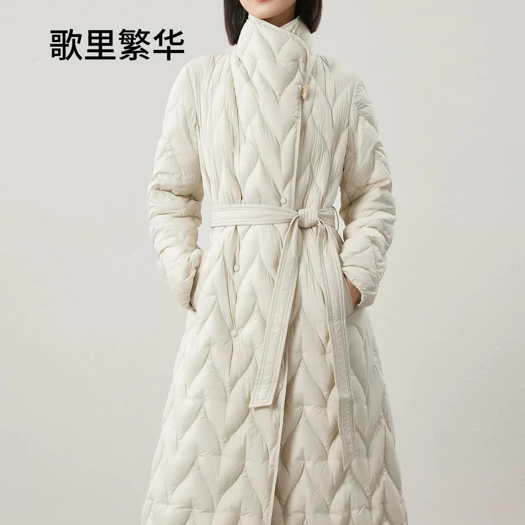 【滢滢专属】M+2024冬90白鹅绒立领双排扣花朵修身长款羽绒服女0273