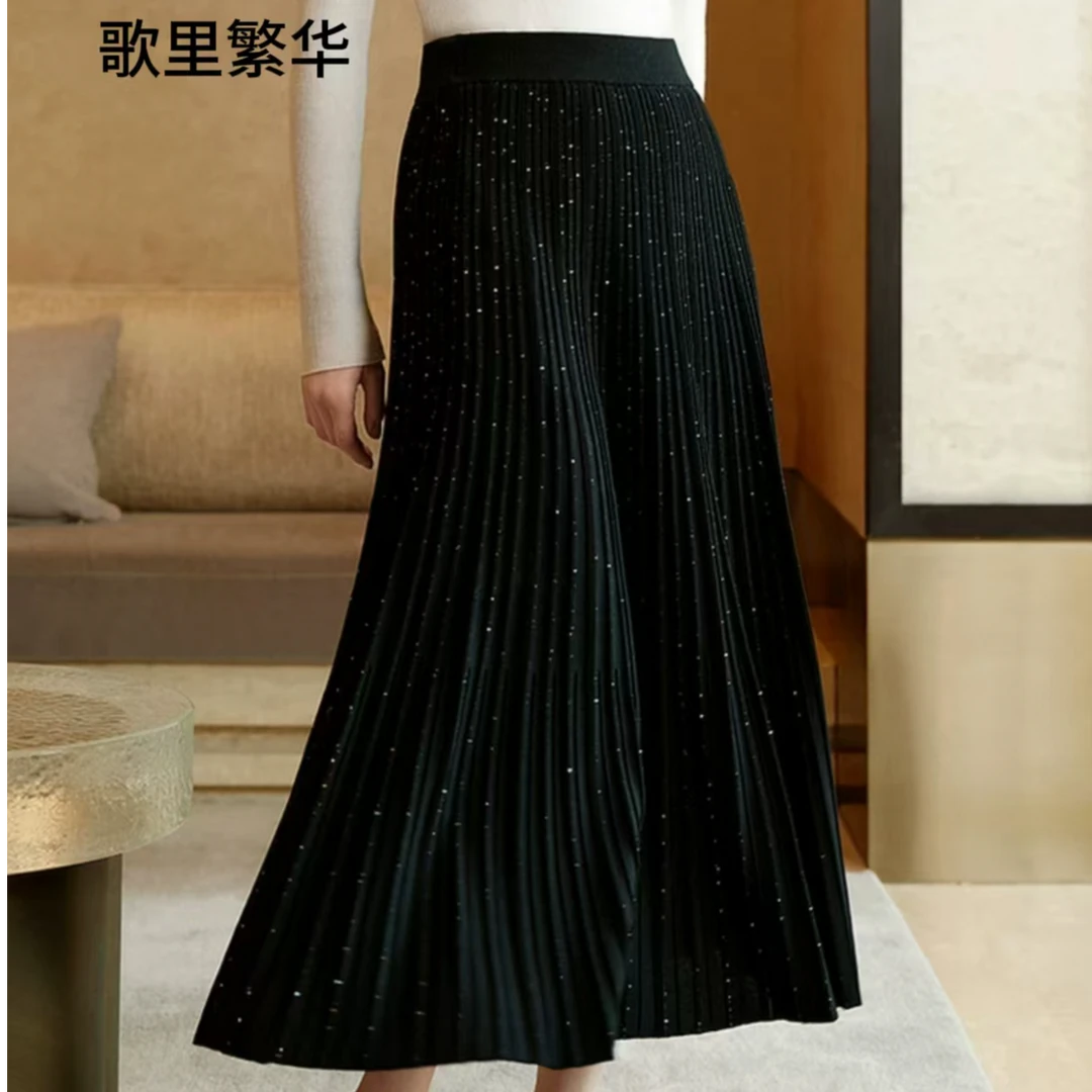 E+ 2024冬新款松紧腰亮片A字褶艺半身裙 0005