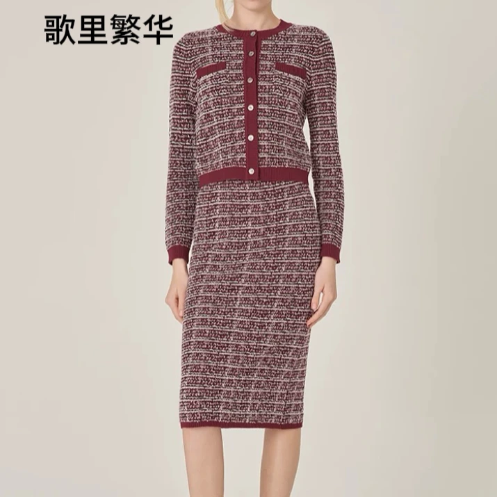 M+2025春季新品红黑色仿粗花呢针织开衫+半裙套装0238