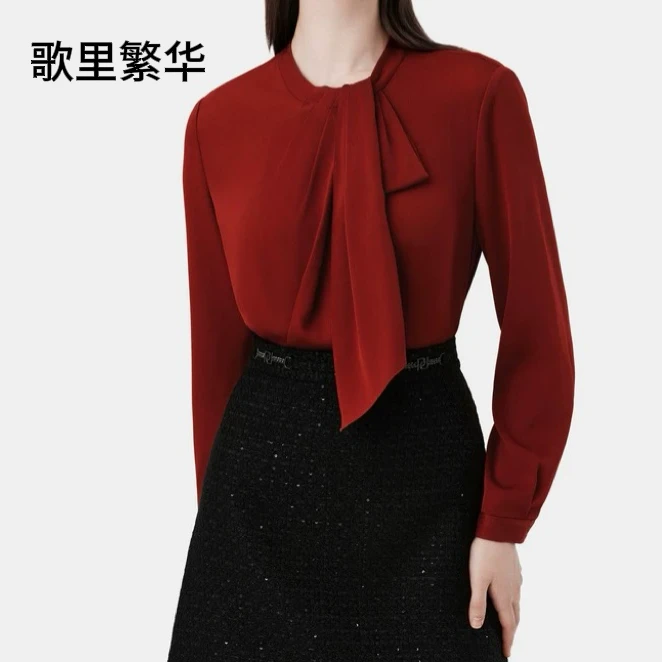 B+2025秋冬新款女装商务显瘦轻奢造型飘带领衬衫0285