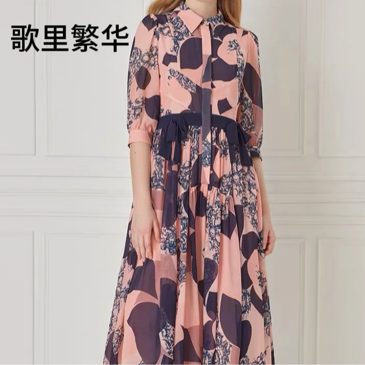 【歌里繁华】B+早秋新品泡泡袖优雅蝴蝶结缀饰印花连衣裙0278