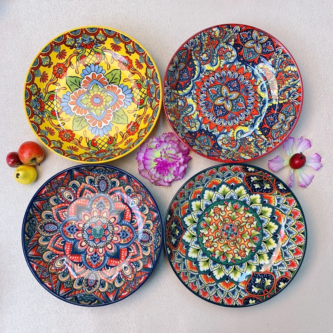 【四代同堂】波西米亚爆款家用8英寸深圆菜盘混装釉下彩陶瓷餐具