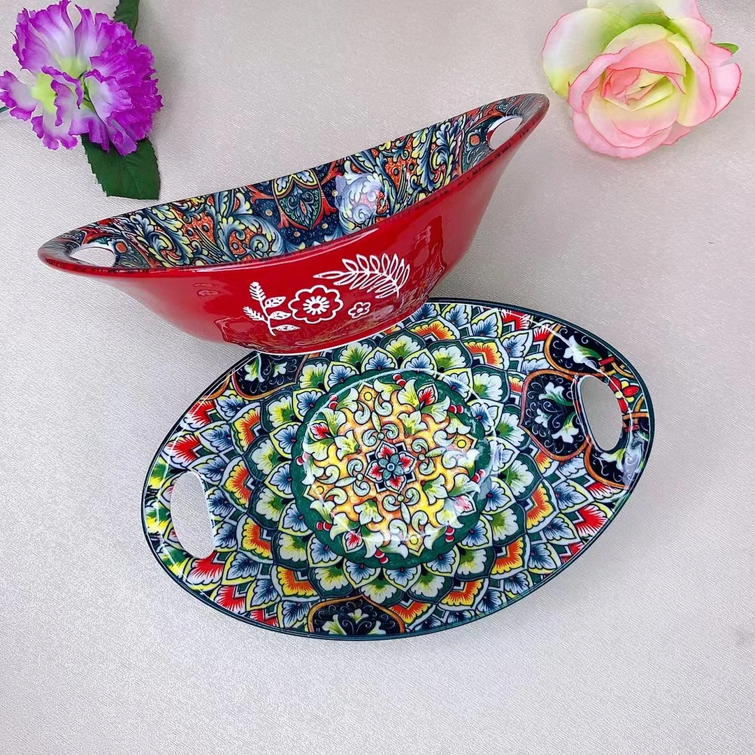 波西米亚喜庆元宝碗家用饭碗水果沙拉碗高档陶瓷碗盘餐具网红餐具