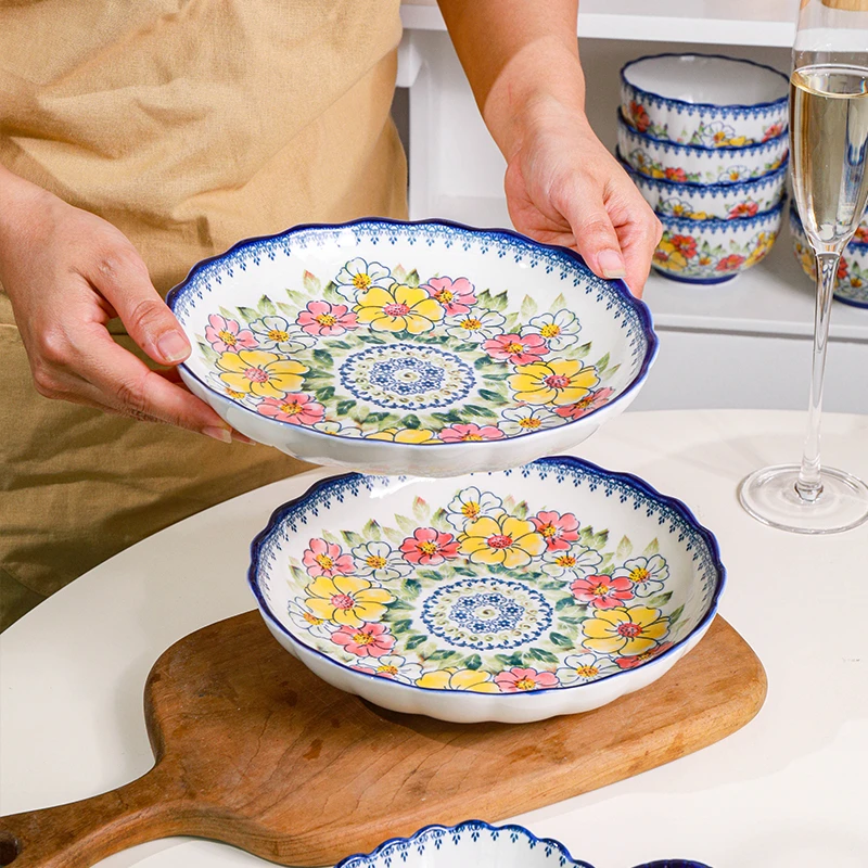 繁花波兰彩8寸盘子家用菜盘深盘创意手绘花朵盘子外贸盘