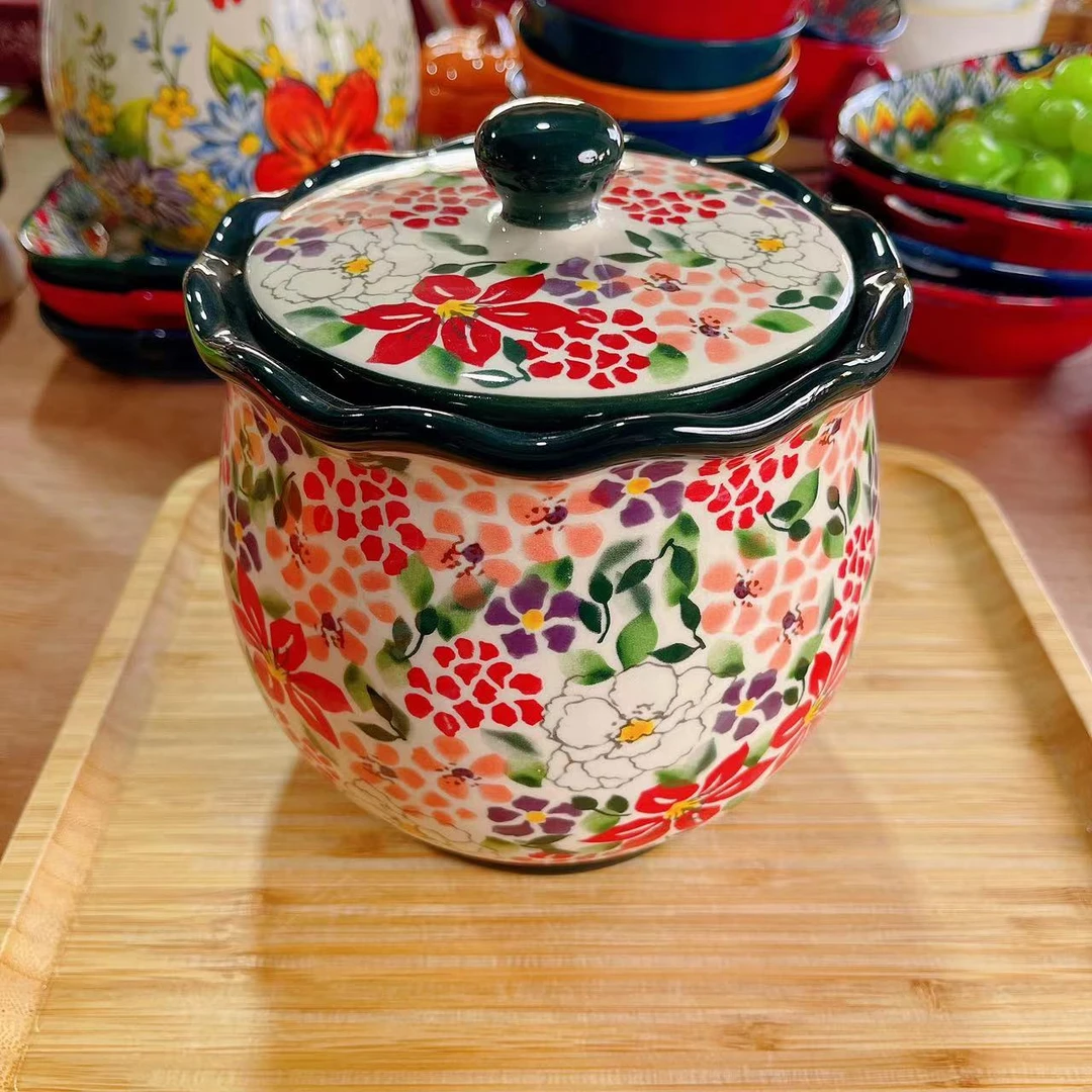 蝴蝶夫人高颜值猪油罐密封罐带盖手彩手绘釉下彩陶瓷餐具高温瓷