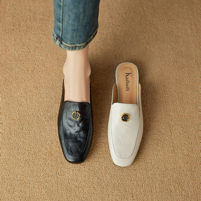 山茶花复古包头托鞋女真皮百搭