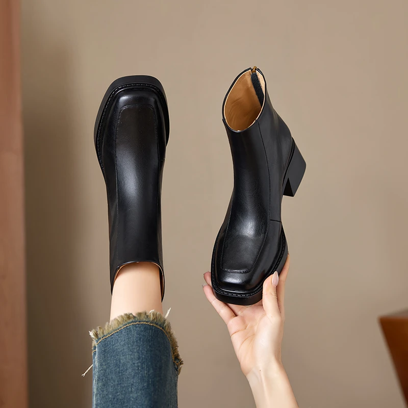 【断码清货】588新手工复古粗跟短靴女法式方头中跟显瘦弹力瘦瘦靴