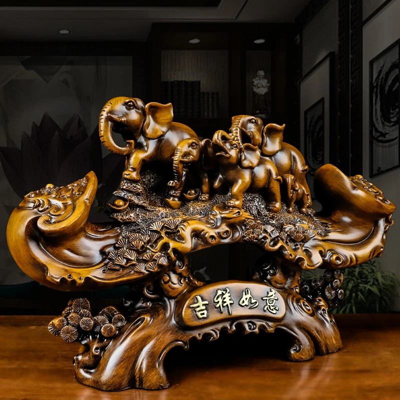 大号高档如意吉祥大象摆件家居客厅玄关装饰品7293中式仿木雕刻