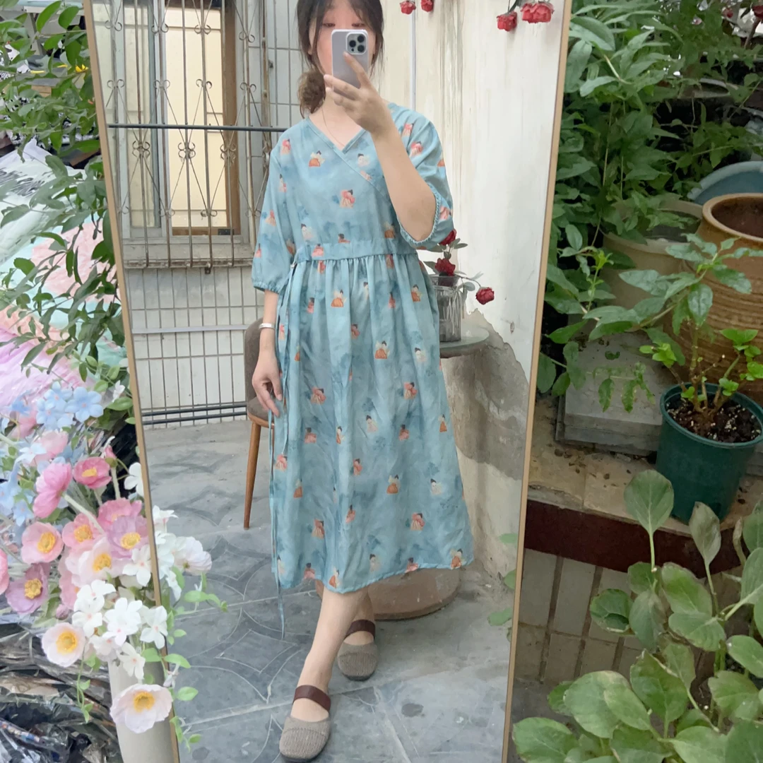 口袋款夏季女装连衣裙少女斜襟抽绳款大码