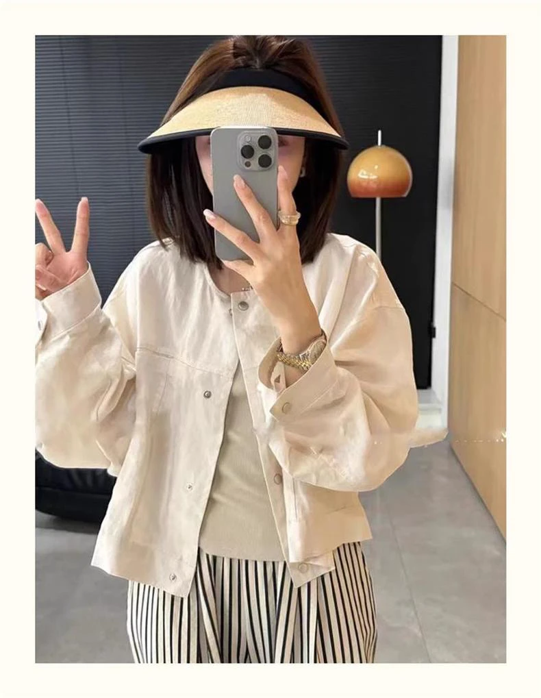 韩系显瘦时尚圆领上衣长袖衬衫女2024春夏夏季百搭春秋衬衫外套女