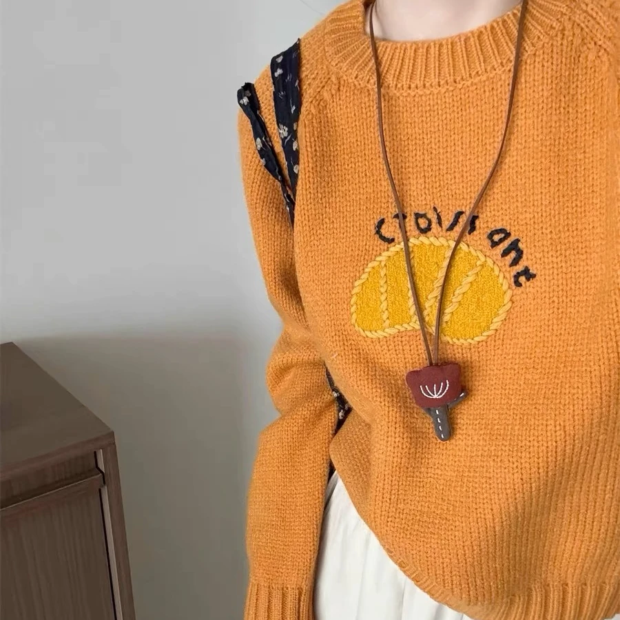 韩系圆领卡通字母提花套头毛衣女2024秋冬新款宽松甜美针织衫上衣