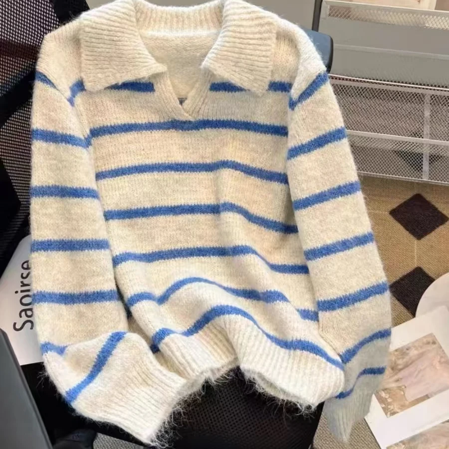 设计感翻领蓝色条纹毛衣女套头宽松秋冬氛围感慵懒加厚针织衫上衣