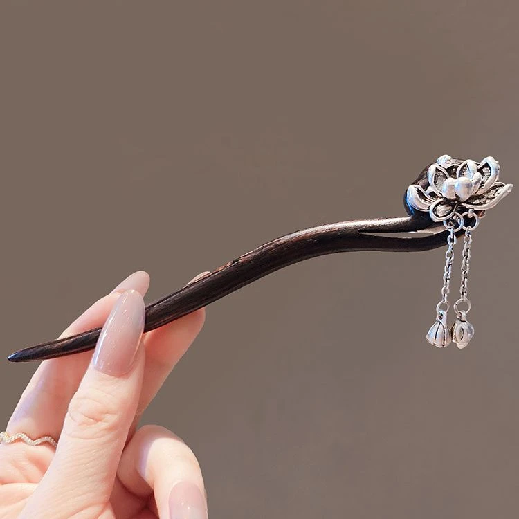 步步生莲簪古风银色莲花流苏发簪女现代简约中式檀木簪子旗袍配饰