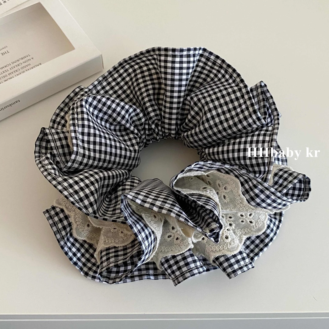 小众check蕾丝花边格子大肠发圈 法式复古头绳儿童气质时尚百搭