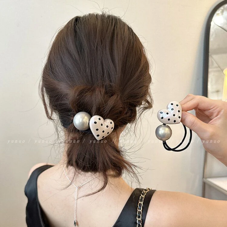 复古波点爱心橡皮筋女扎头发绳高弹力耐用发圈头绳2024新款高马尾