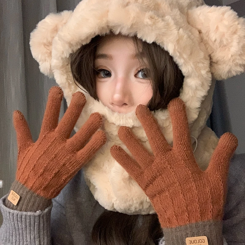 秋冬季加厚防寒保暖学生针织五指骑行毛线拼色触屏手套.