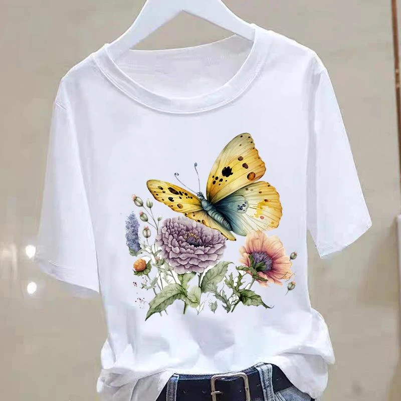 休闲蝴蝶花朵个性运动气质印花女洋气ins圆领时尚T恤夏季短袖T恤