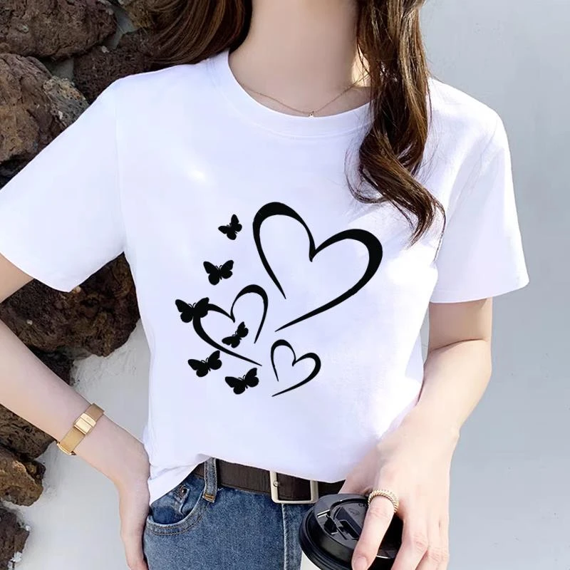 爱心蝴蝶女洋气ins网红爆款休闲可爱印花圆领韩版T恤外穿短袖T恤