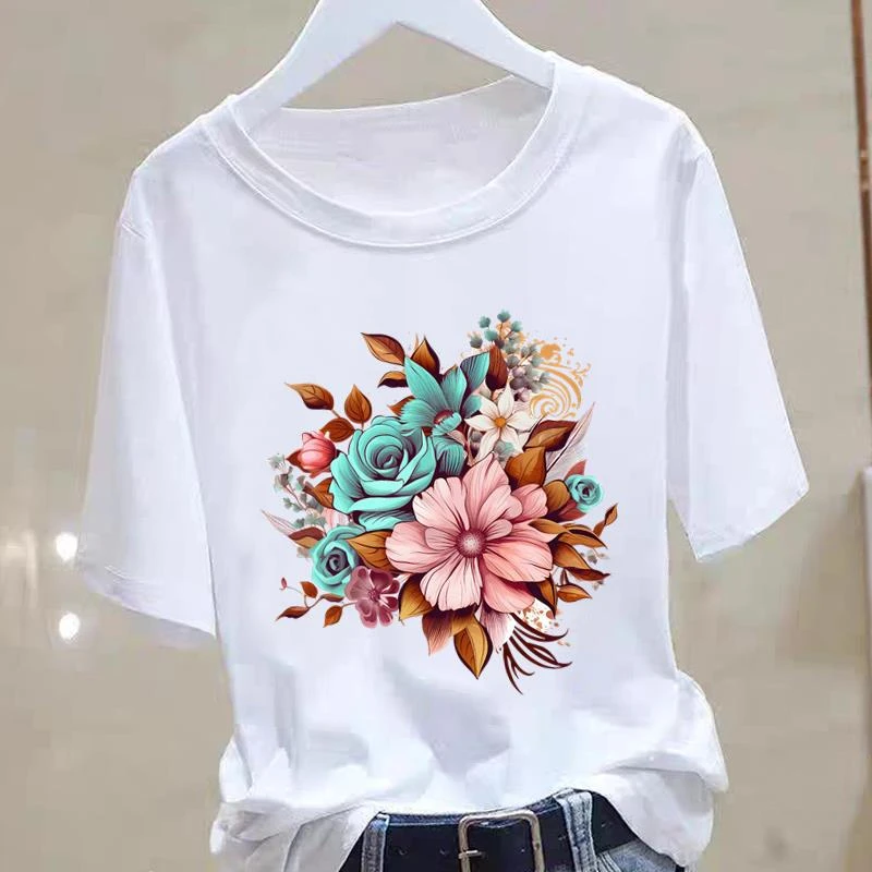 花朵显瘦爆款印花休闲夏通勤女洋气网红圆领外穿简约ins短袖T恤