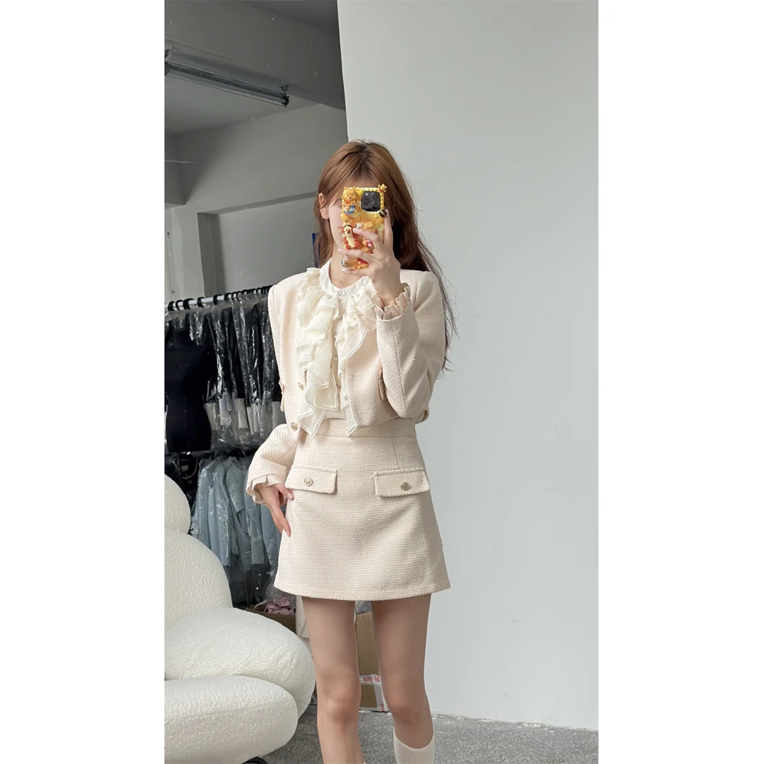 小小仟 千金风米橘粉秋季长裙短裙花边衬衫粗花尼外套修身套装女