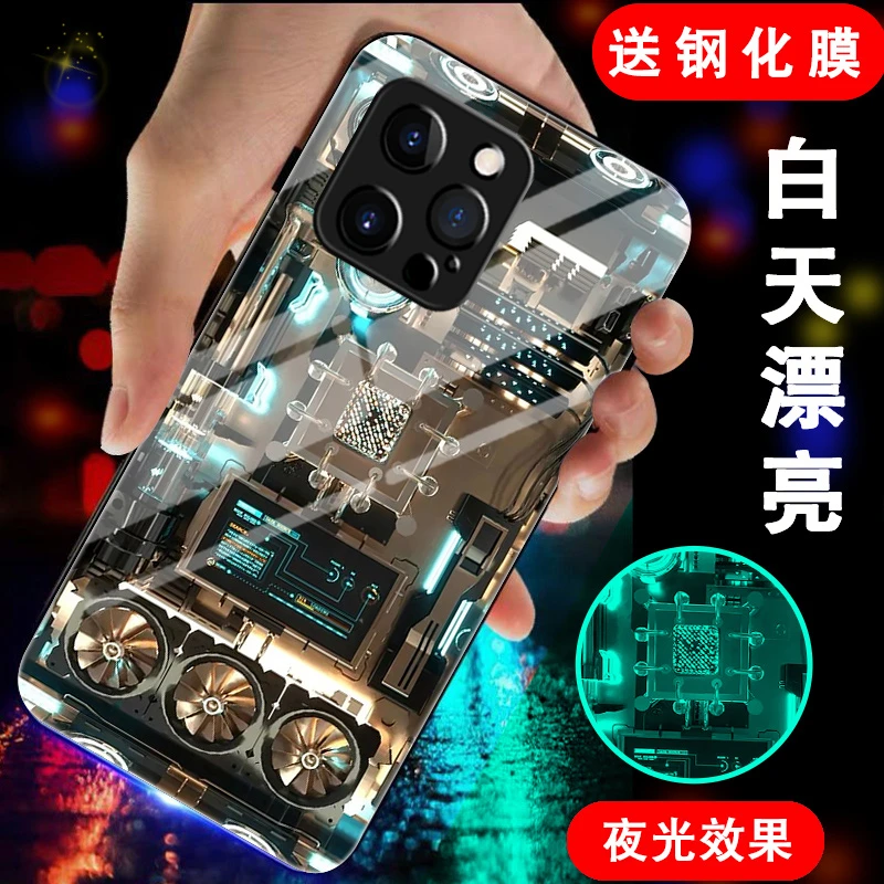 适用苹果14pro手机壳iPhone13夜光玻璃12新款11防摔XR男XSMAX酷8P