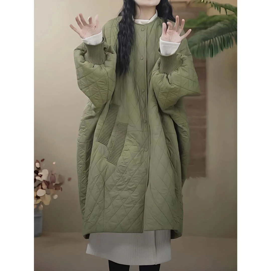 早春遮屁2024格年大码新款女宽松棉菱形夹棉外套垂坠感二开春慵懒