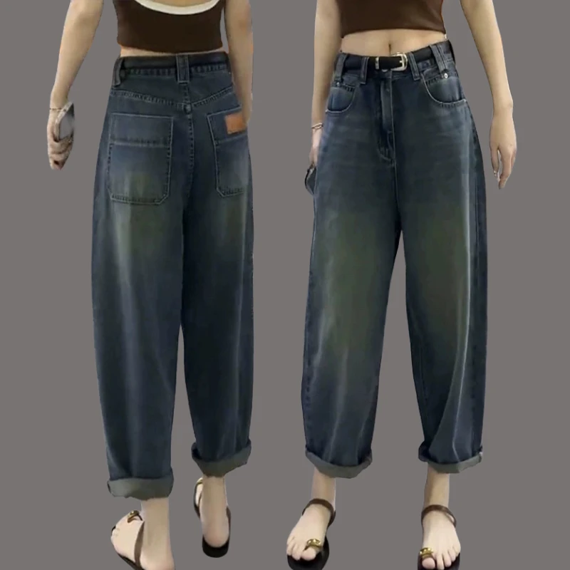 2024春季大码老爹牛仔裤女胖妹妹九分裤宽松显瘦小个子哈伦阔腿裤