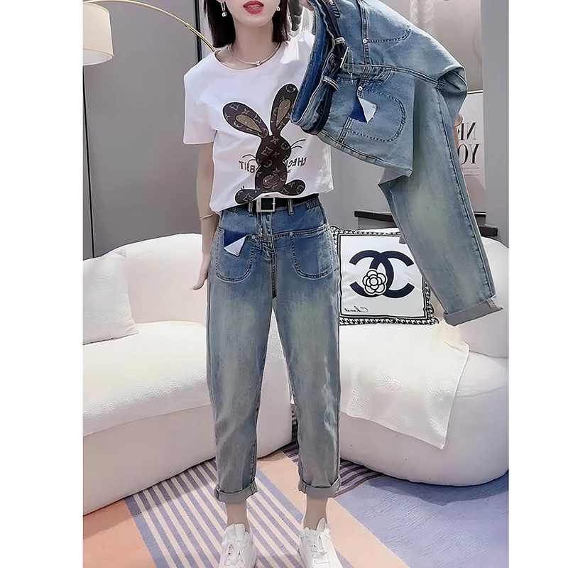 2023春秋百搭牛仔裤女大码微胖mm洋气显瘦老爹裤梨形身材哈伦裤子