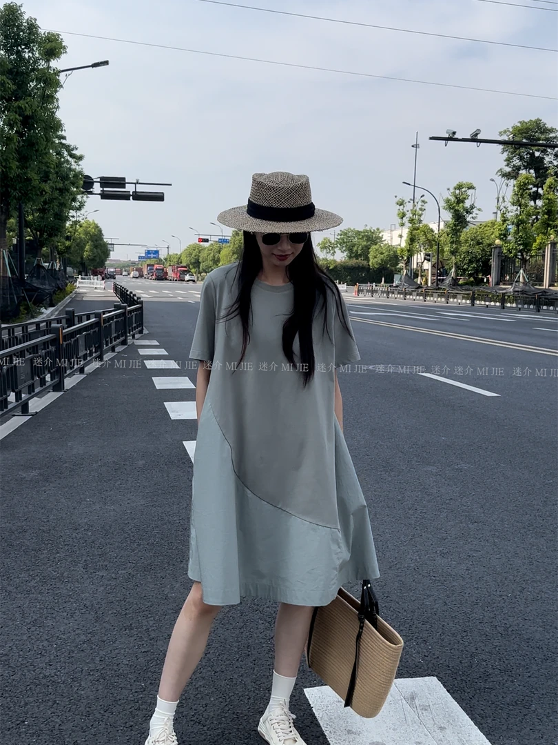 【迷介】【57372】气质显瘦连衣裙韩版 宽松拼接女士薄款中长连身裙