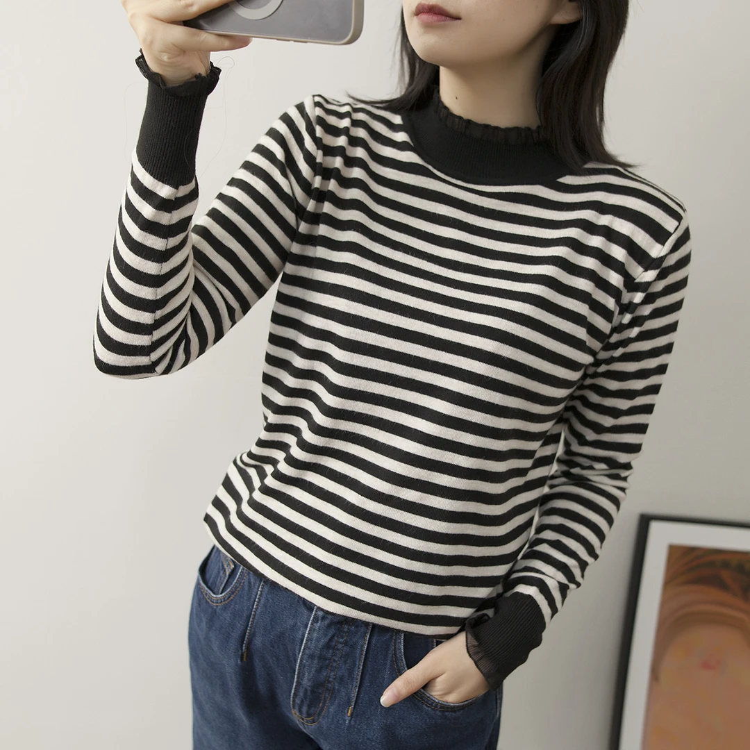 条纹半高领女士蕾丝毛衣女春秋2024年新款爆款内搭针织打底衫上衣