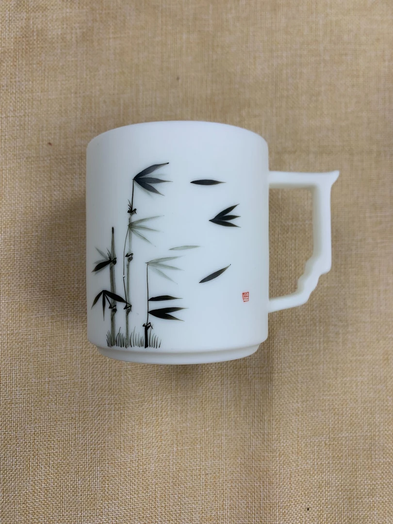 尘心茶器素烧羊脂玉手绘办公杯水墨富竹A25